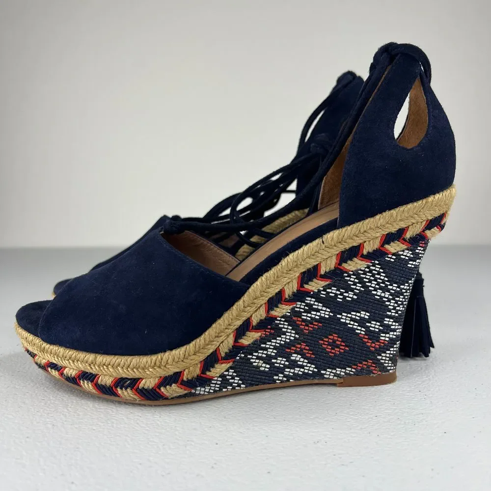 Cabi Isla Espadrille Wedge Sandal Navy Blue Suede Ankle Tie Up Tassels Western 6